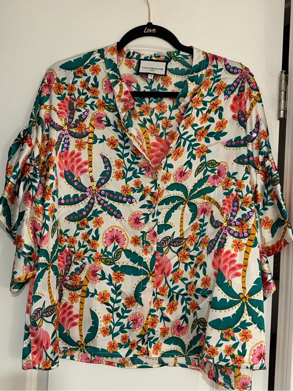 Gold and Silver Floral Button-Front Blouse in White, Teal & Pink